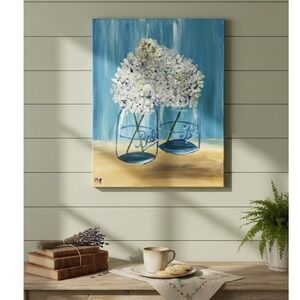 Hydrangea Mason Jar Painting 16 x 20 Blue Floral Wall Art Cottagecore Canvas